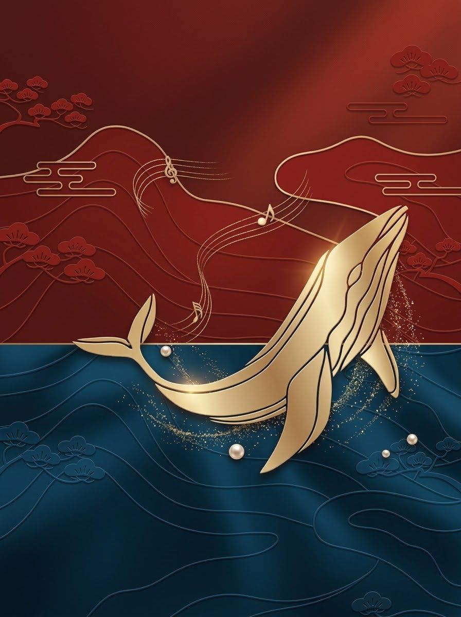第一期主視覺：金色鯨魚躍出紅與藍的海面